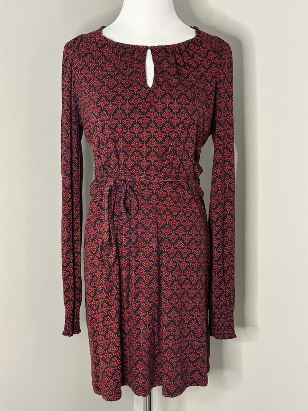 Boden Red and Navy Long-Sleeve Keyhole Tie-Waist Dress - Size 6 - NWOT